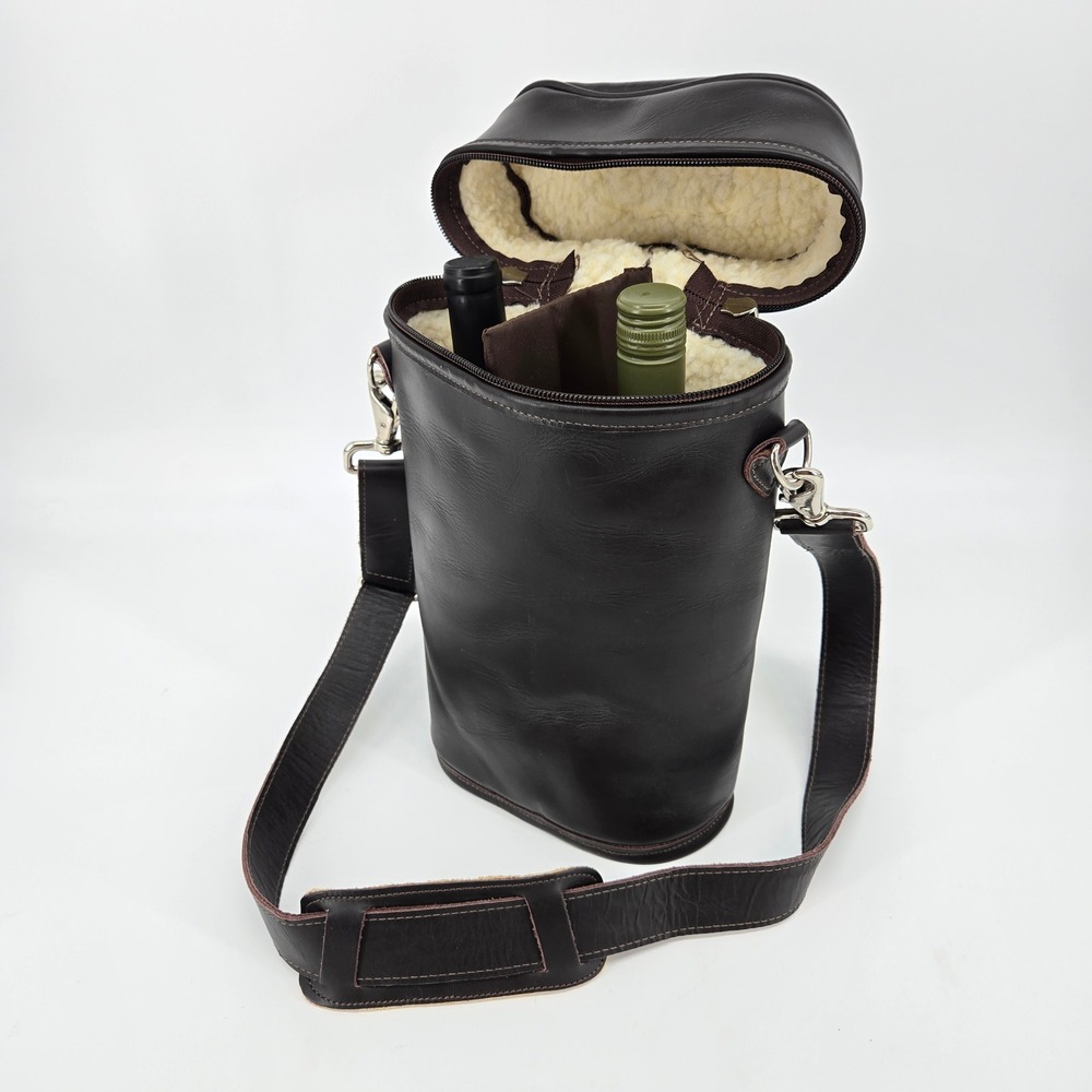 Jon Hart Design Make It A Double Leather Wine Bottle Bag Carrier Tote Dark Brown